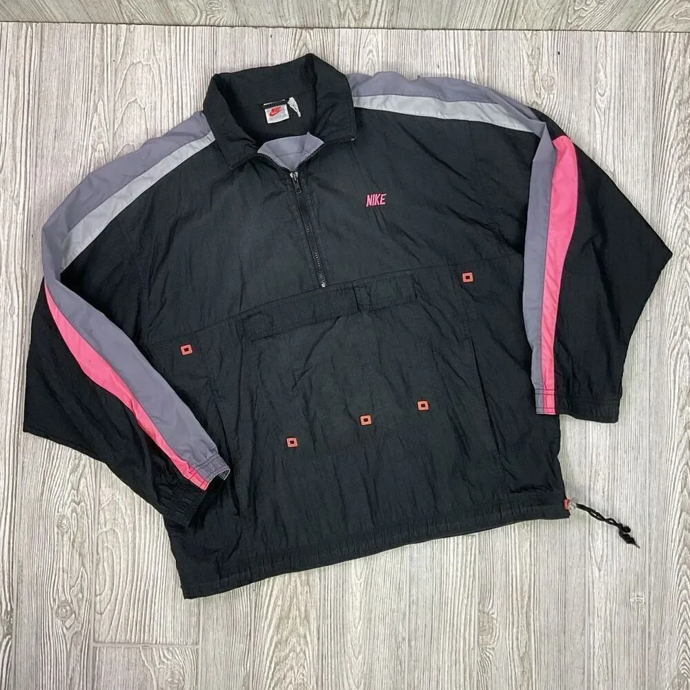Vintage Nike Grey Label Men’s Large Black Nylon Windbreaker Anorak Jacket